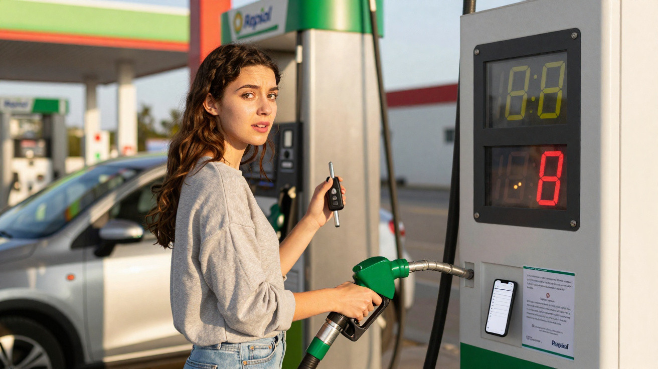 Mulher jovem a abastecer carro com gasolina numa bomba de combustível numa estação de serviço.