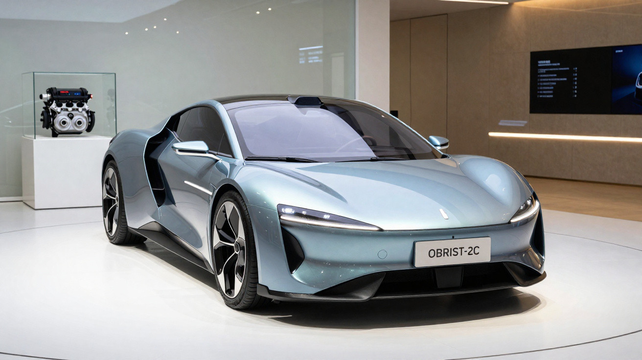 Carro desportivo elétrico azul metalizado exposto em ambiente moderno com motor em pedestal ao fundo.