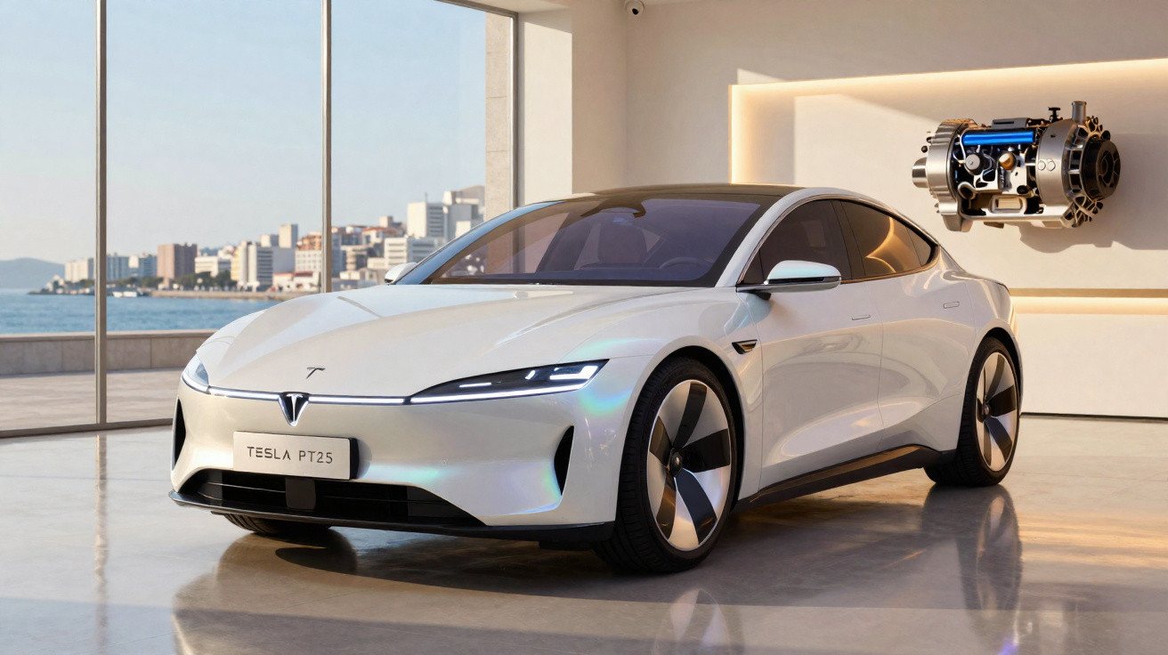 Carro elétrico branco Tesla PT25 em salão moderno com motor elétrico exposto na parede.