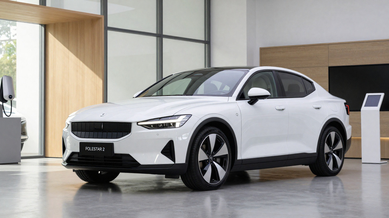 Carro elétrico branco Polestar 2 estacionado numa sala moderna com chão cinzento e paredes claras.