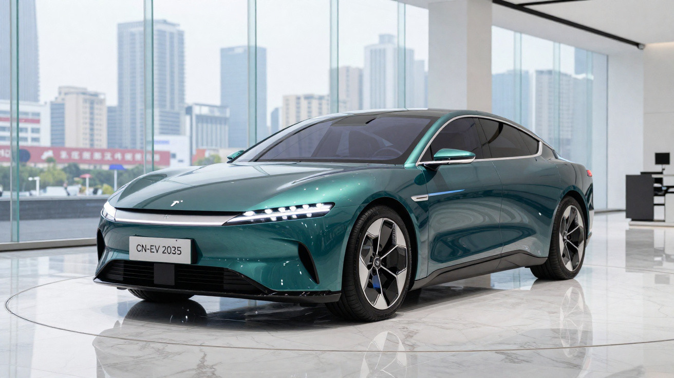 Carro elétrico futurista verde estacionado em showroom moderno com janelas grandes e vista urbana.