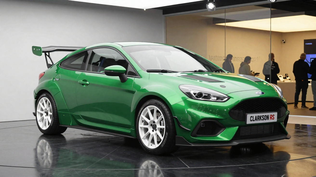 Carro desportivo verde com jantes brancas e asa traseira exposta em exposição interior moderna.