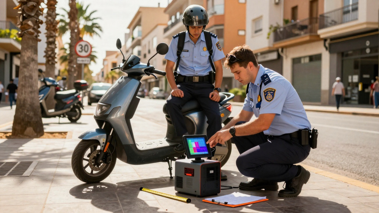 Dois polícias municipais em uniformes azuis consultam equipamento digital ao lado de uma scooter numa rua urbana.