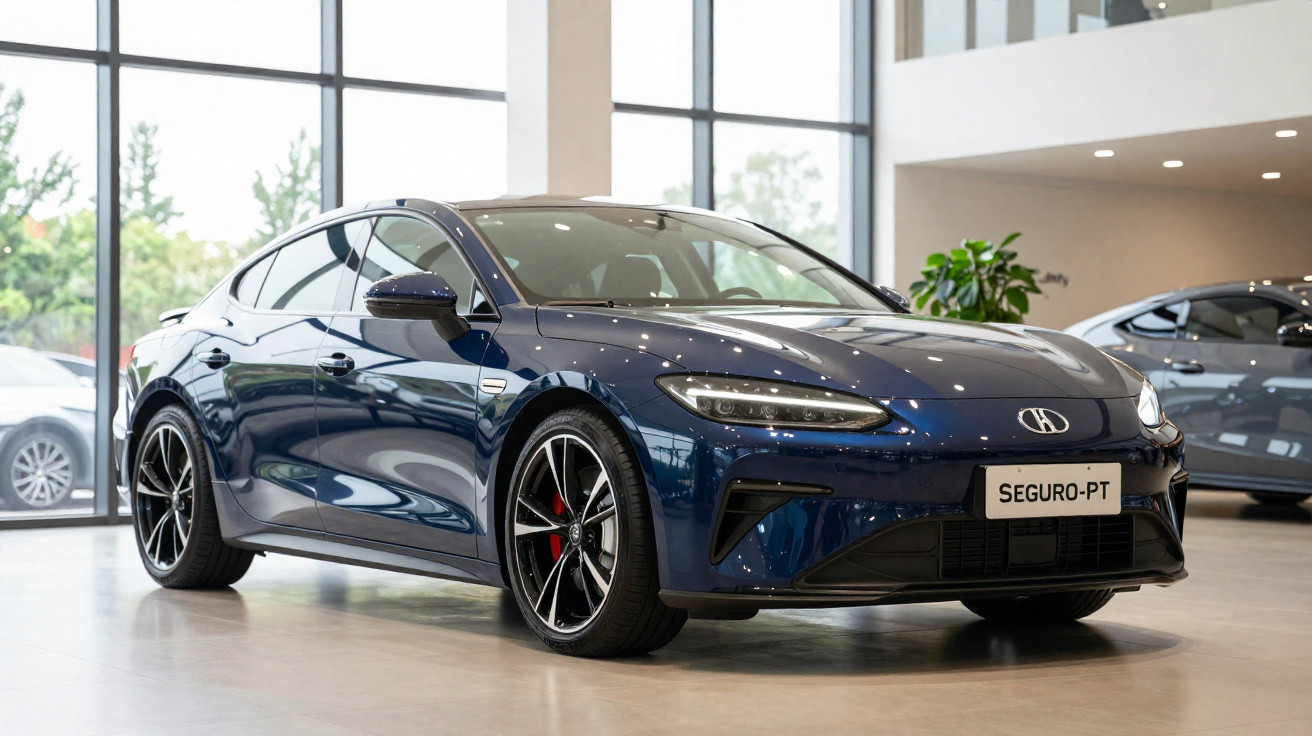 Carro desportivo azul estacionado em sala de exposição com piso claro e grandes janelas de vidro.