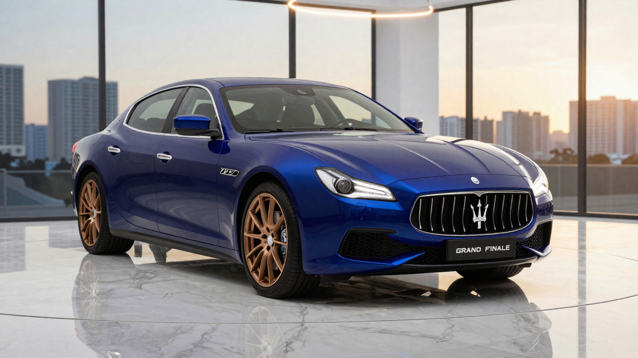 Automóvel Maserati azul metálico com jantes douradas exposto em espaço com grandes janelas e chão de mármore.