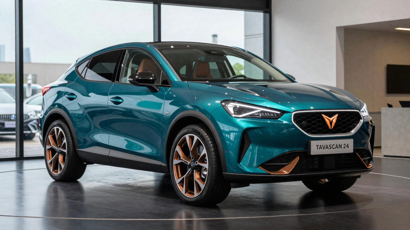 Carro SUV elétrico azul esverdeado Cupra Tavascan 24 exposto em salão automóvel moderno.