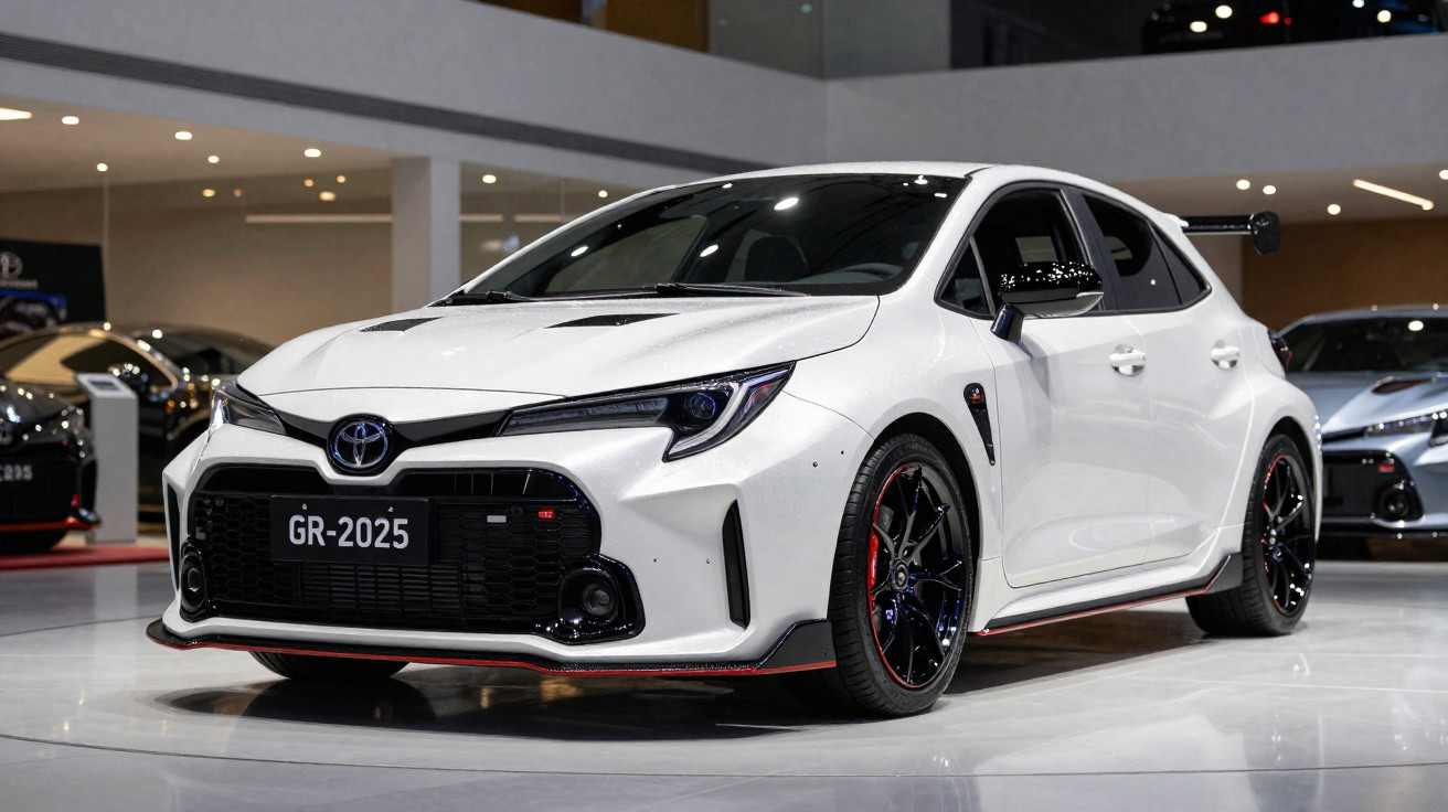 Carro desportivo branco Toyota GR-2025, com pára-choques dianteiro aerodinâmico e jantes pretas, em exposição interior.