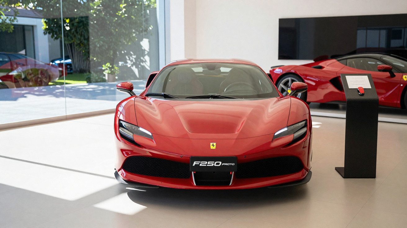 Carro desportivo vermelho Ferrari F250 Proto exposto num salão moderno com chão claro.