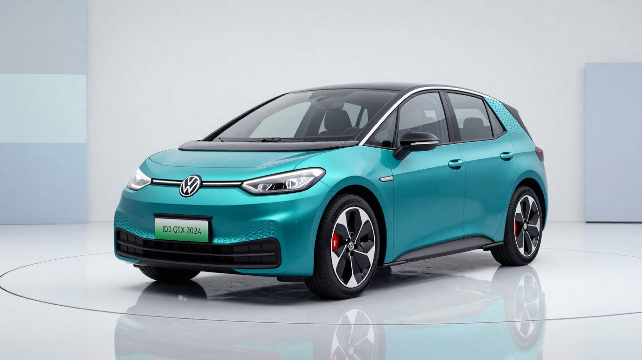 Carro elétrico Volkswagen ID.3 GTX 2024 azul, vista frontal em estúdio minimalista branco.