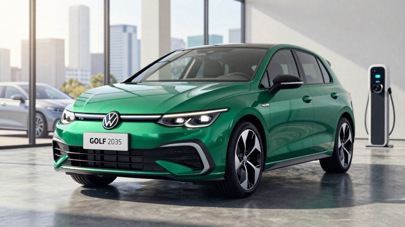 Carro elétrico Volkswagen Golf 2035 verde estacionado em garagem moderna com estação de carregamento.