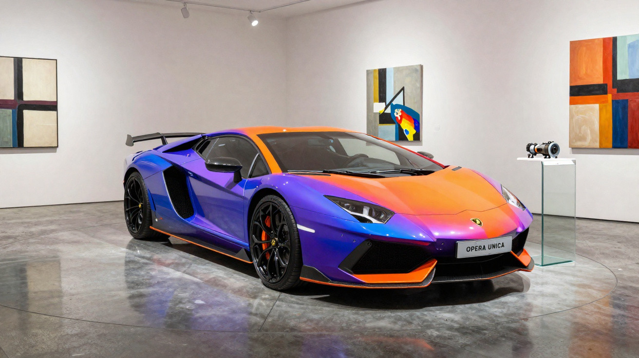 Carro desportivo Lamborghini com pintura multicolor em tons de roxo e laranja, exposto numa galeria de arte.
