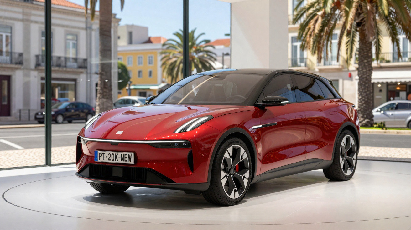 Carro elétrico vermelho brilhante exposto numa sala com janelas grandes e vista para palmeiras e edifícios.