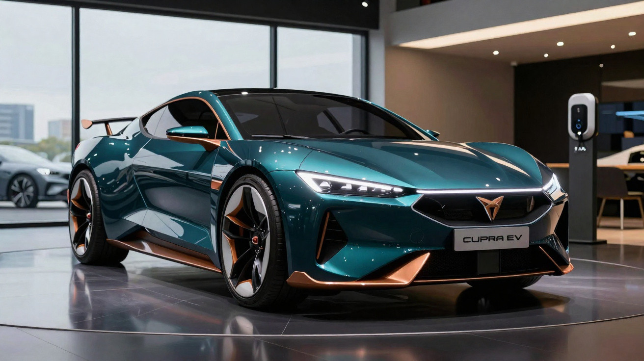 Carro desportivo elétrico verde com detalhes em cobre em exposição numa sala moderna.