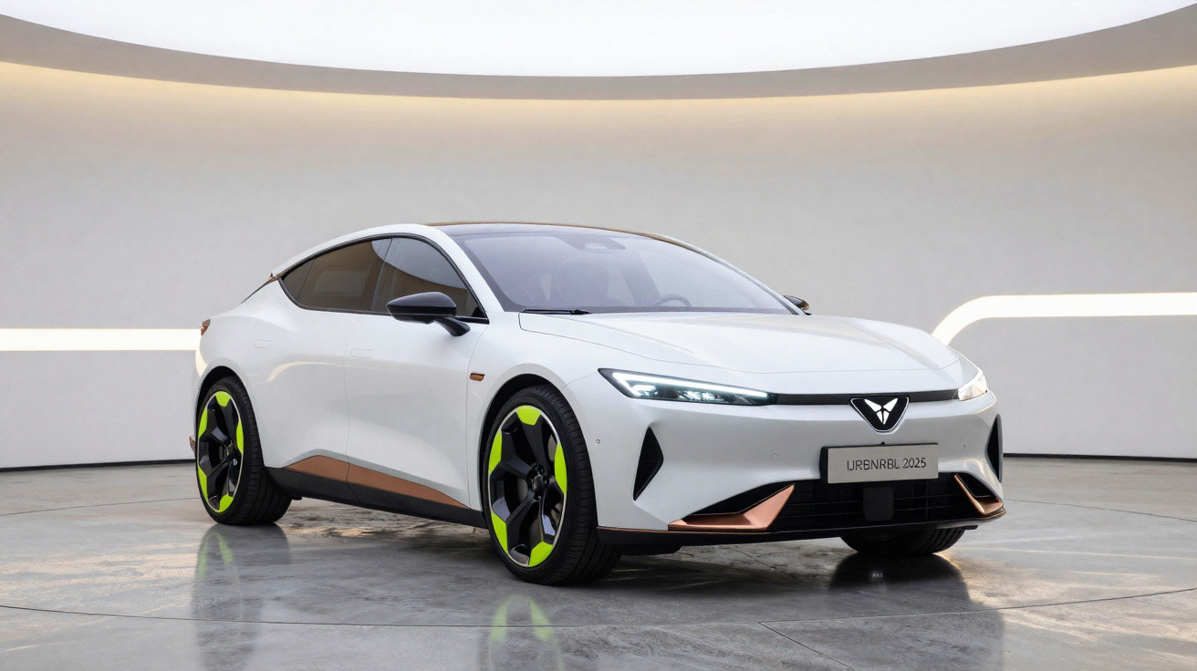 Carro desportivo elétrico branco com detalhes verdes nos pneus, luzes LED e design moderno, modelo URBNBL 2025.