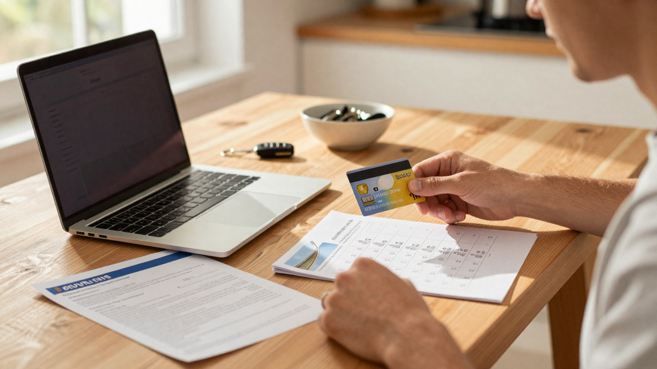 Pessoa a fazer pagamentos online com cartão de crédito, computador portátil e documentos numa mesa de madeira.