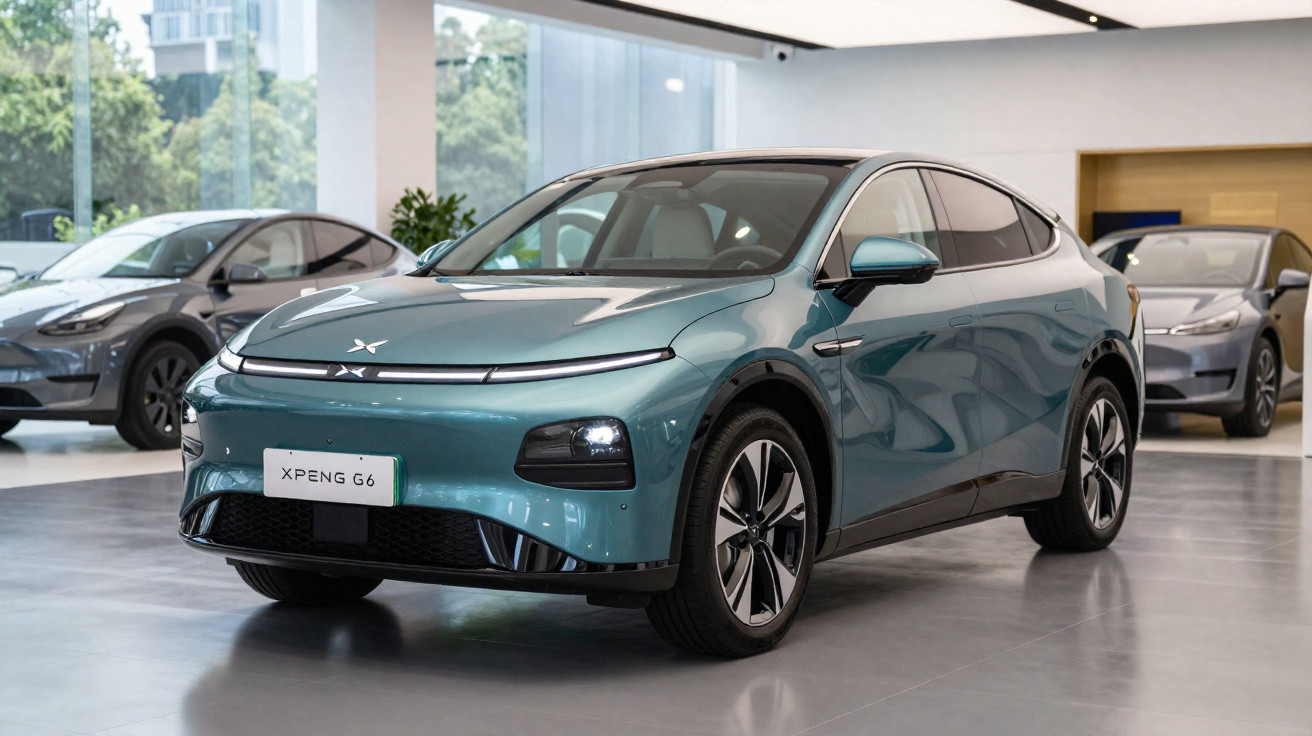 Automóvel elétrico verde Xpeng G6 exposado em salão moderno com carros ao fundo.