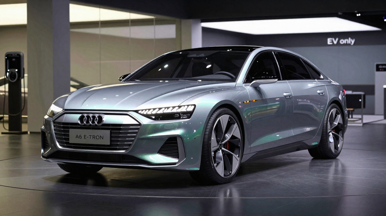 Audi A6 E-Tron cinzento elétrico exposto em salão automóvel moderno com iluminação artificial.