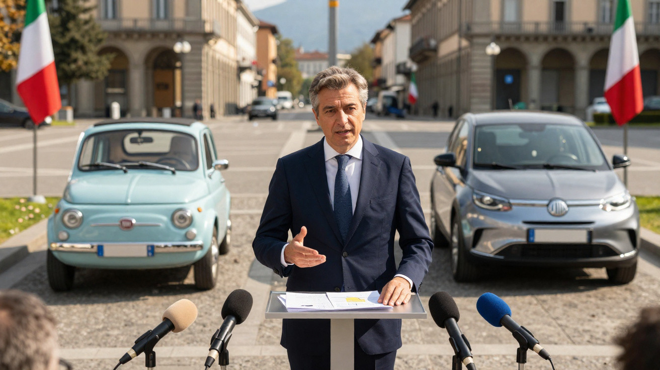 Homem de fato azul dá conferencia de imprensa ao ar livre, com carros Fiat clássico e moderno ao fundo.