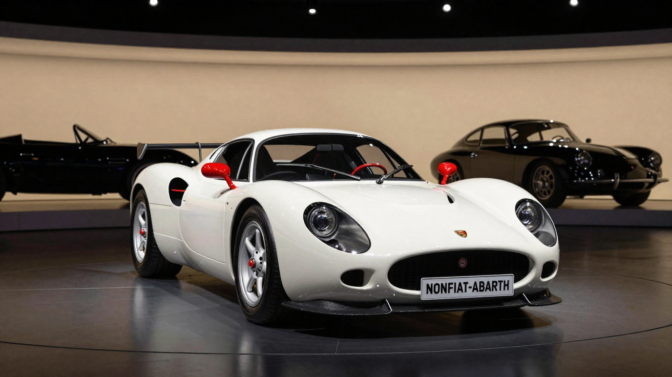 Carro desportivo branco com espelhos e volante vermelhos em exposição, com dois carros clássicos ao fundo.