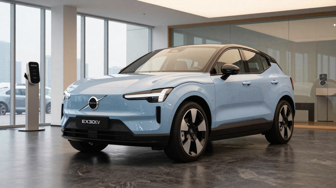 Carro elétrico Volvo EX30EV azul estacionado dentro de uma sala moderna com chão de mármore.