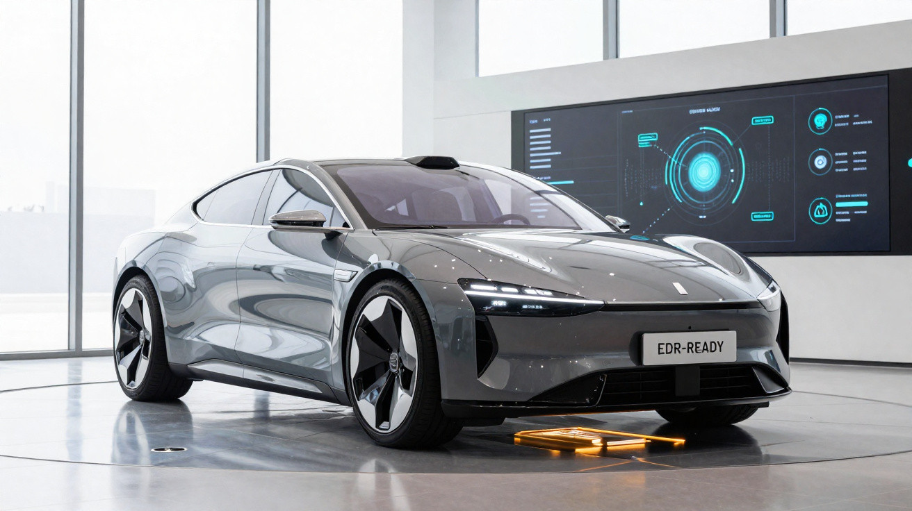 Carro elétrico cinzento futurista em exposição numa sala moderna com ecrã digital ao fundo.
