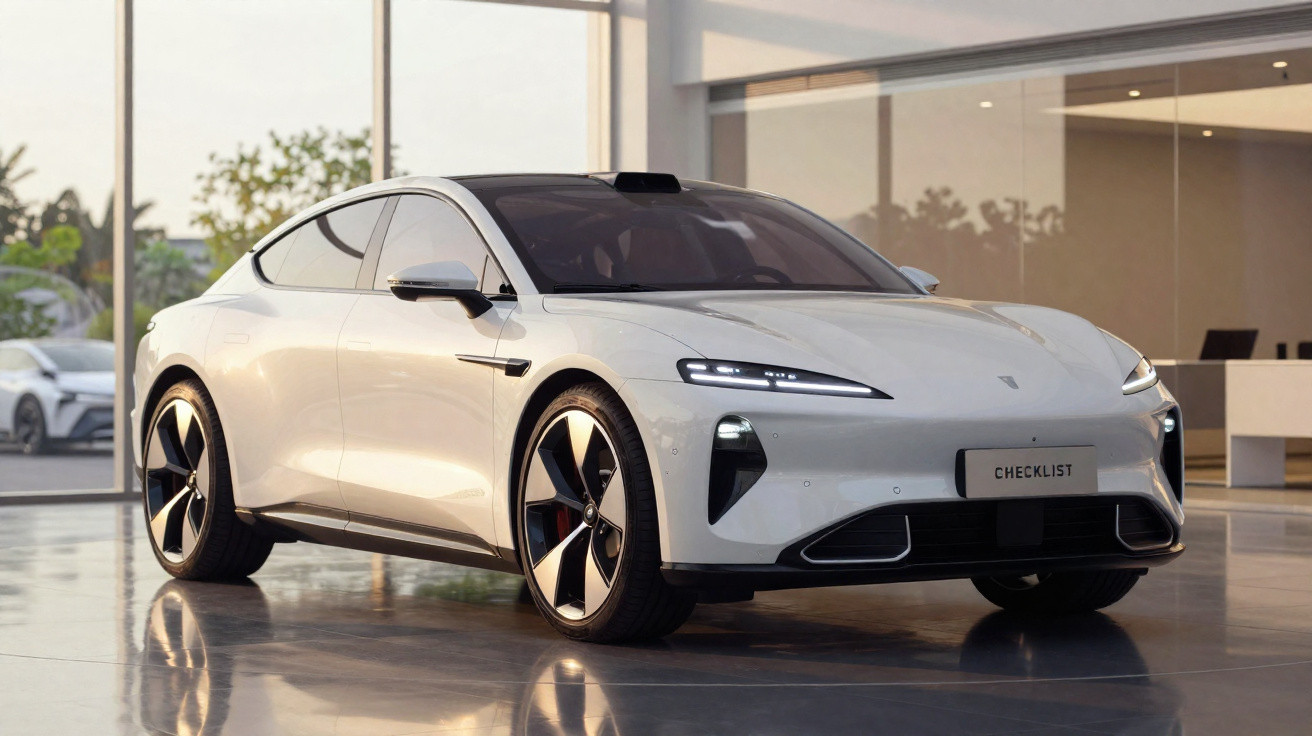 Carro elétrico branco moderno estacionado em ambiente interior de vidro com luz natural.