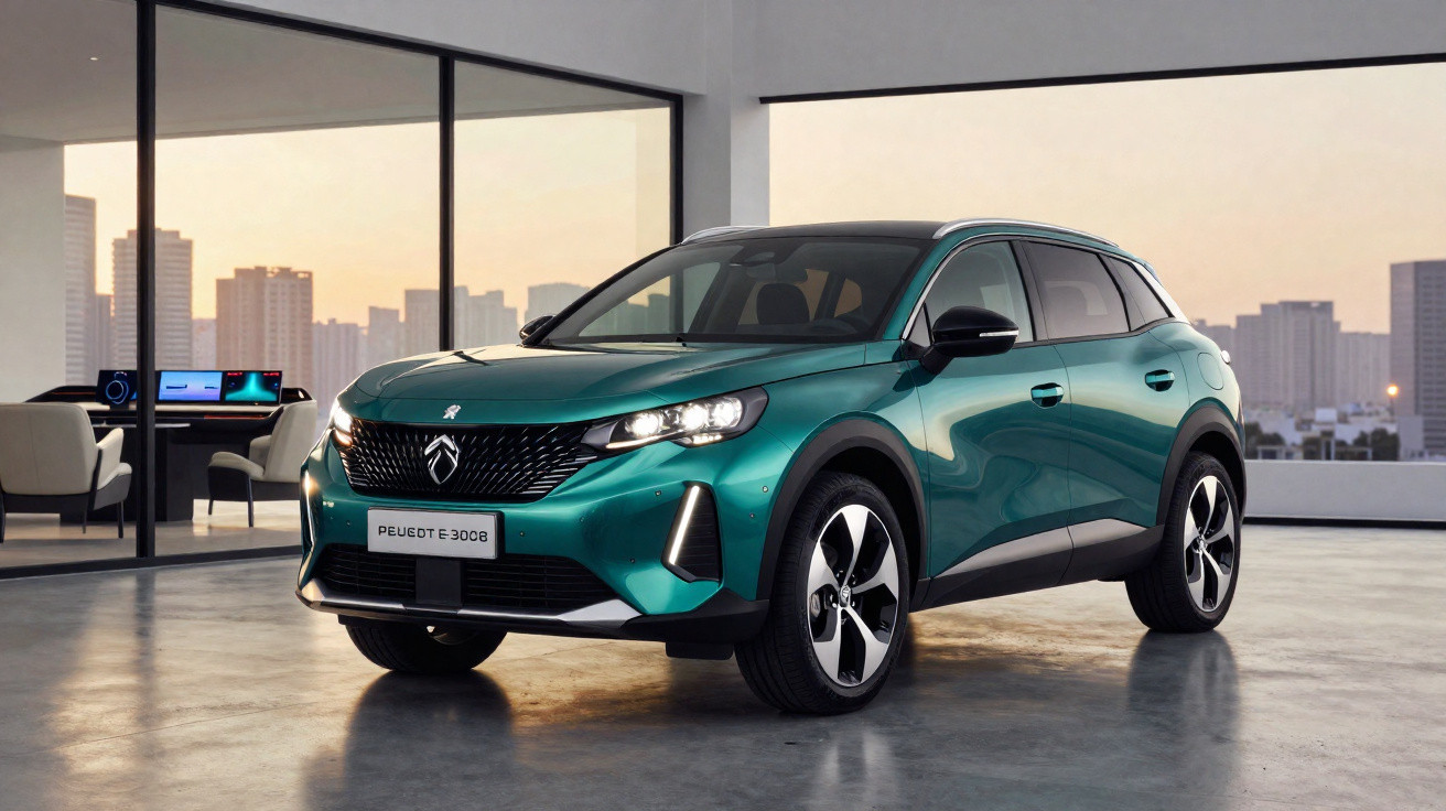 Carro elétrico Peugeot e-3008 verde estacionado em espaço interior moderno com edifícios ao fundo ao pôr do sol.