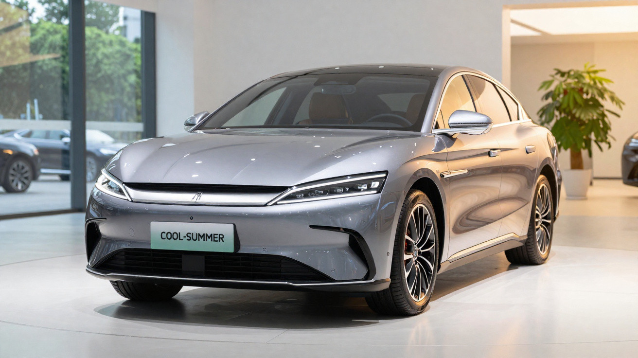 Carro elétrico moderno cinza prateado exibido numa sala de exposição com luz natural.