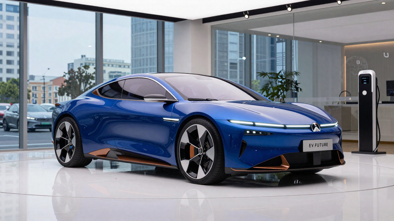 Carro eléctrico desportivo azul futurista em exposição interior com janelas panorâmicas e estação de carregamento.