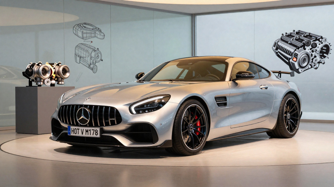 Carro desportivo Mercedes prata em exibição com peças e desenho do motor ao fundo.