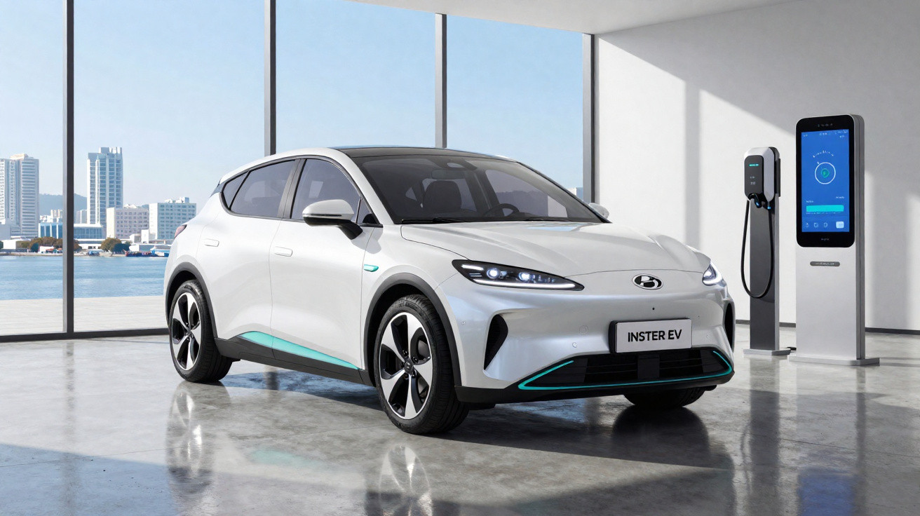 Carro elétrico branco estacionado num showroom moderno com grandes janelas e estação de carregamento.
