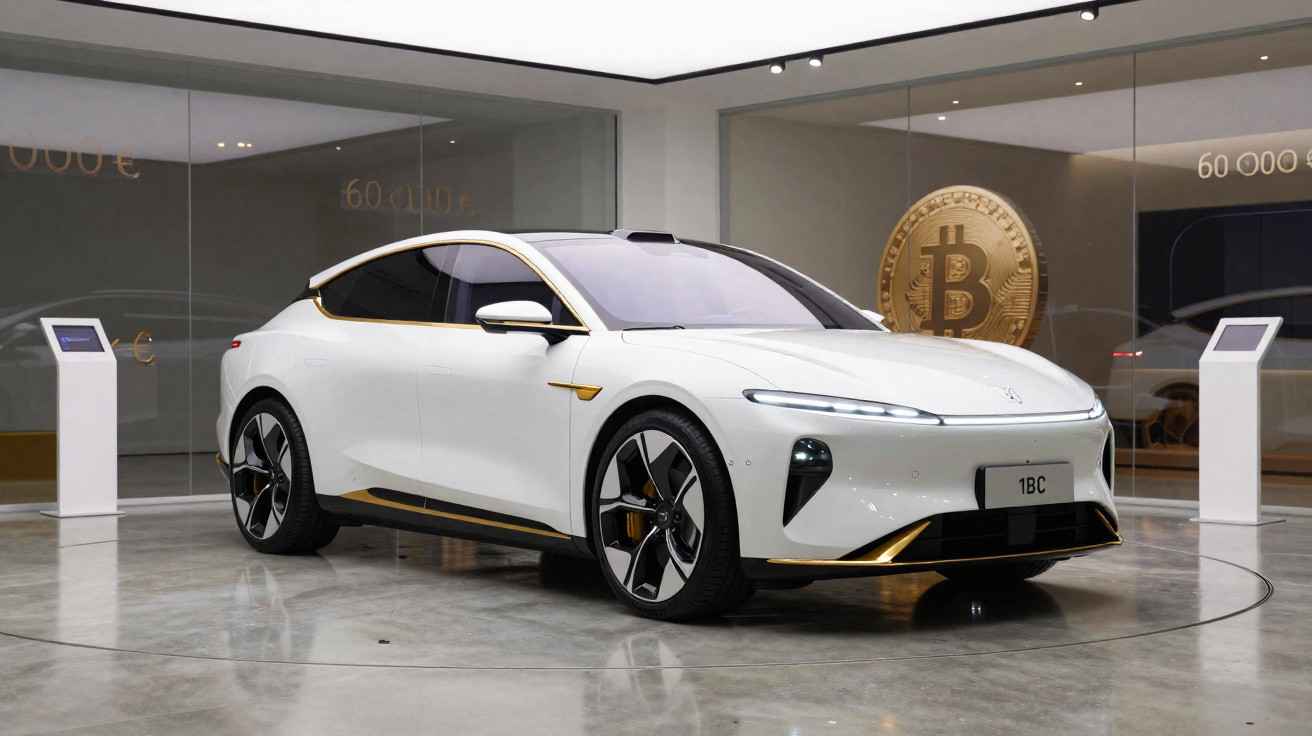 Carro elétrico branco moderno exposto num showroom com imagem de moeda Bitcoin ao fundo.