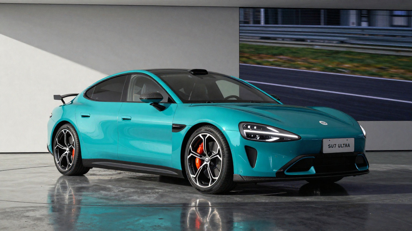 Carro desportivo elétrico azul turquesa com spoiler traseiro e jantes pretas com travões laranja.