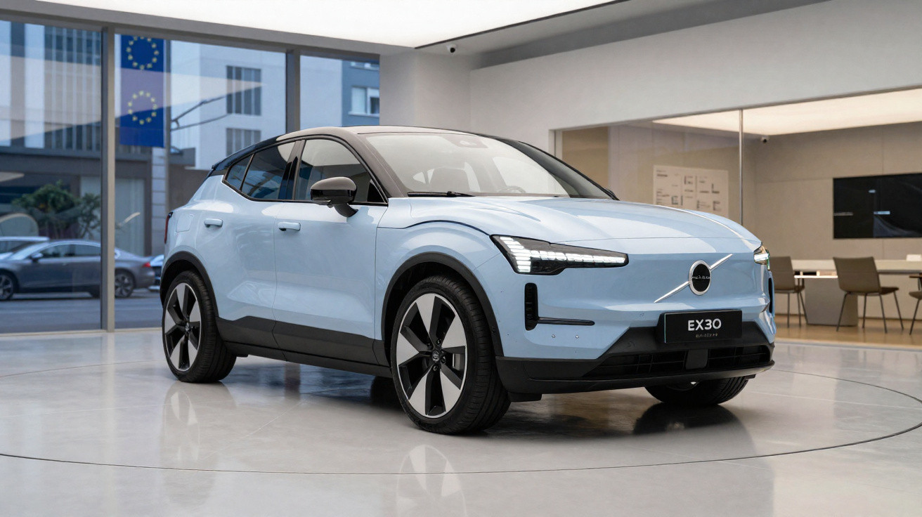 Automóvel elétrico Volvo EX30 azul claro estacionado dentro de uma sala moderna e luminosa.