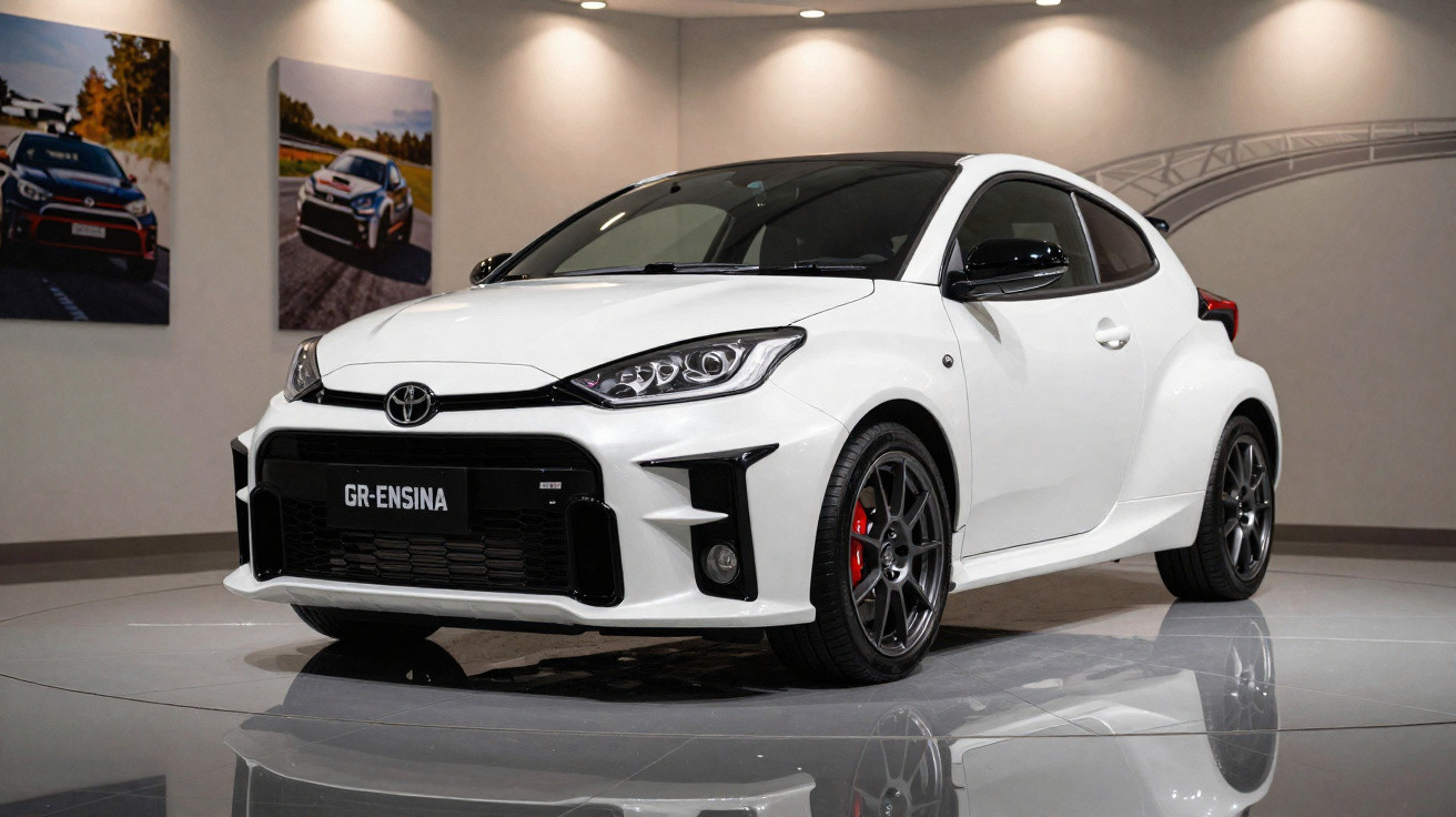 Carro desportivo Toyota GR branco estacionado em showroom com foco na frente e lado direito.
