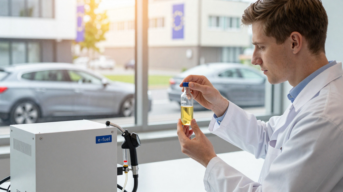 Homem de bata branca a analisar líquido amarelo em frasco num laboratório com máquina e carros ao fundo.