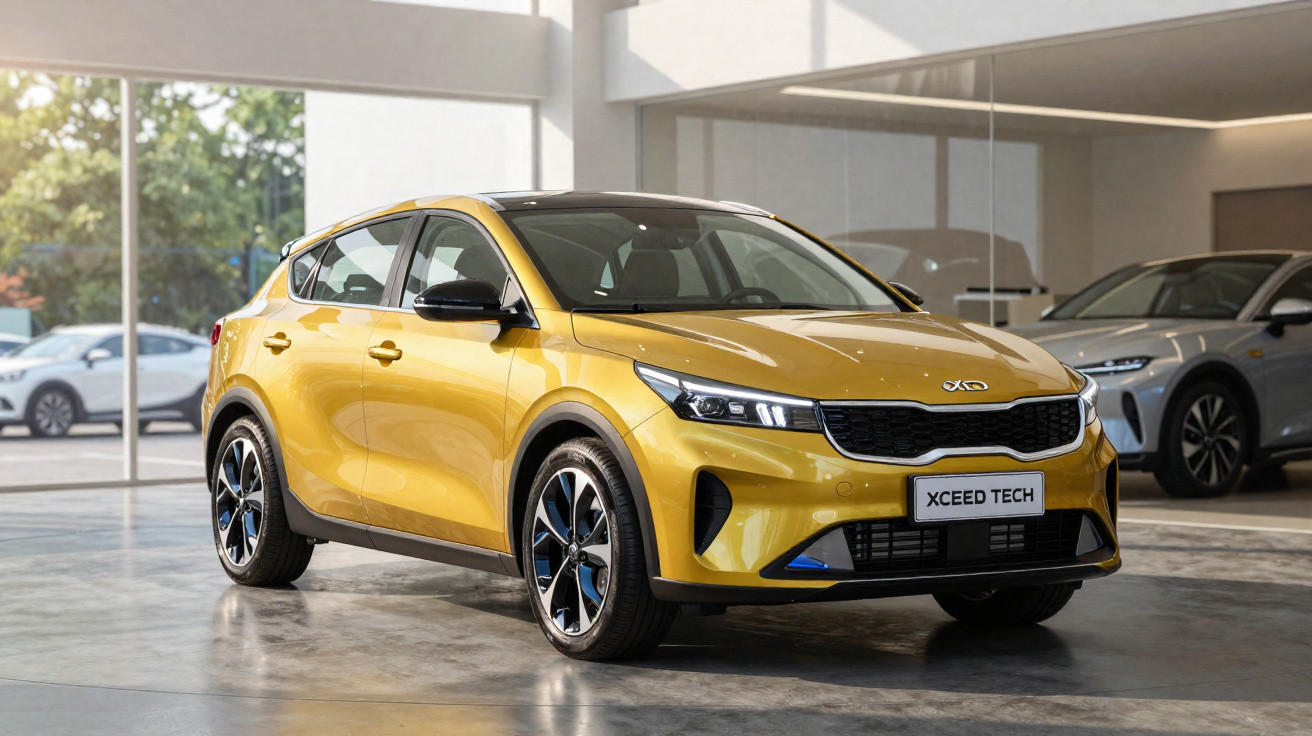 Carro Kia XCeed Tech amarelo exposto numa sala de vendas moderna com janelas amplas.
