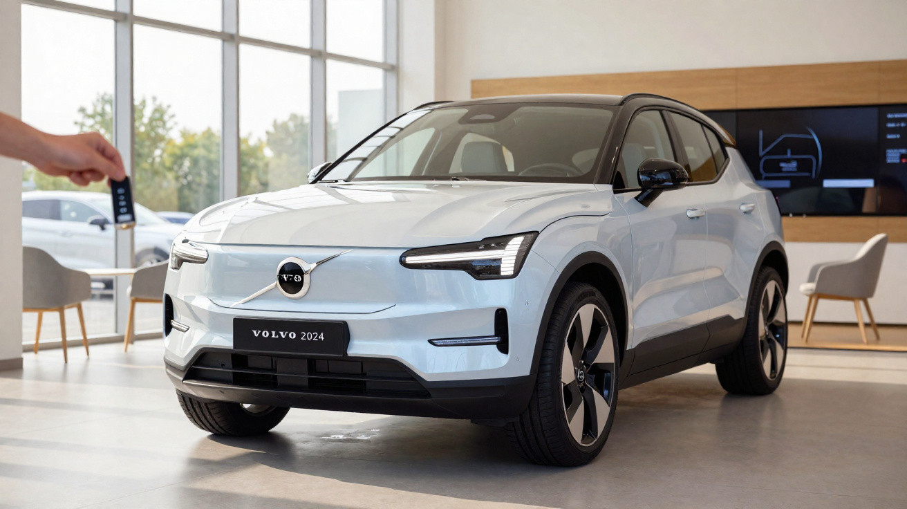 Carro Volvo 2024 branco em showroom moderno com comando remoto visível à esquerda.