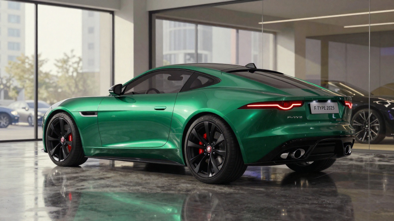 Carro desportivo Jaguar F-Type verde metálico estacionado numa garagem moderna com chão refletor.
