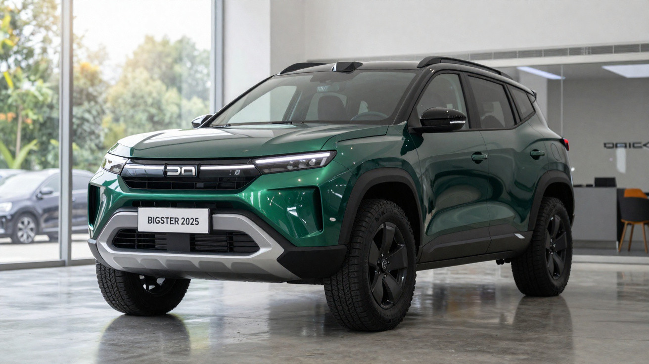 Veículo SUV verde Bigster 2025 estacionado em ambiente interior moderno e iluminado.