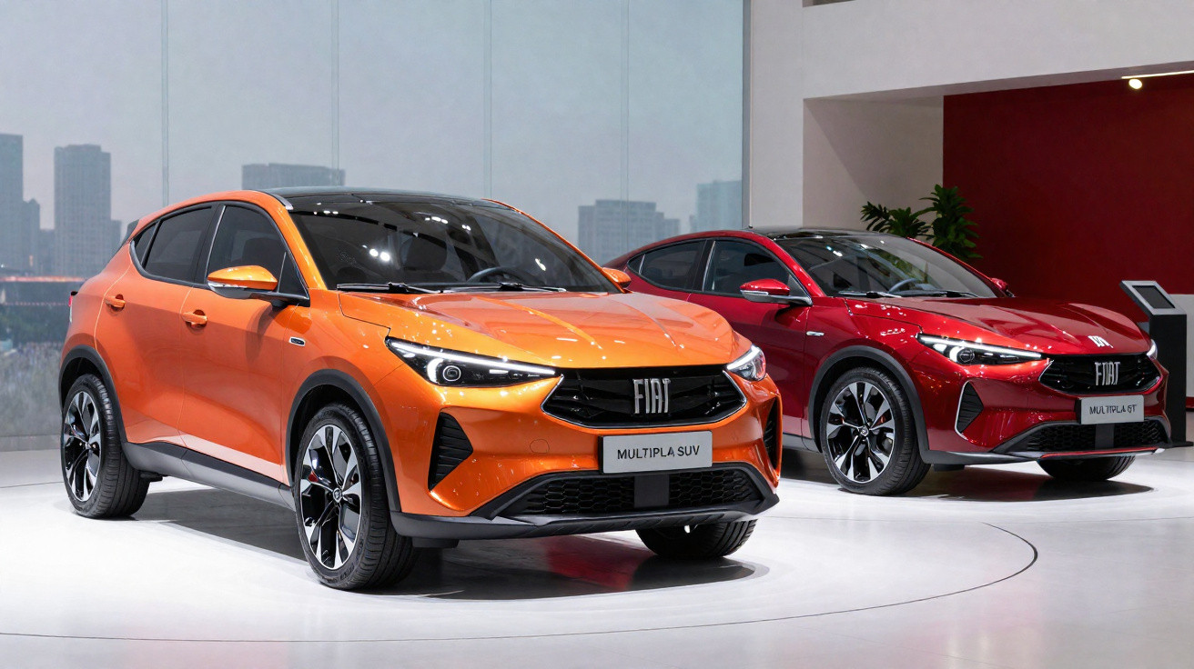 Dois carros SUV Fiat Multipla, um laranja à frente e um vermelho atrás, expostos em palco interior.