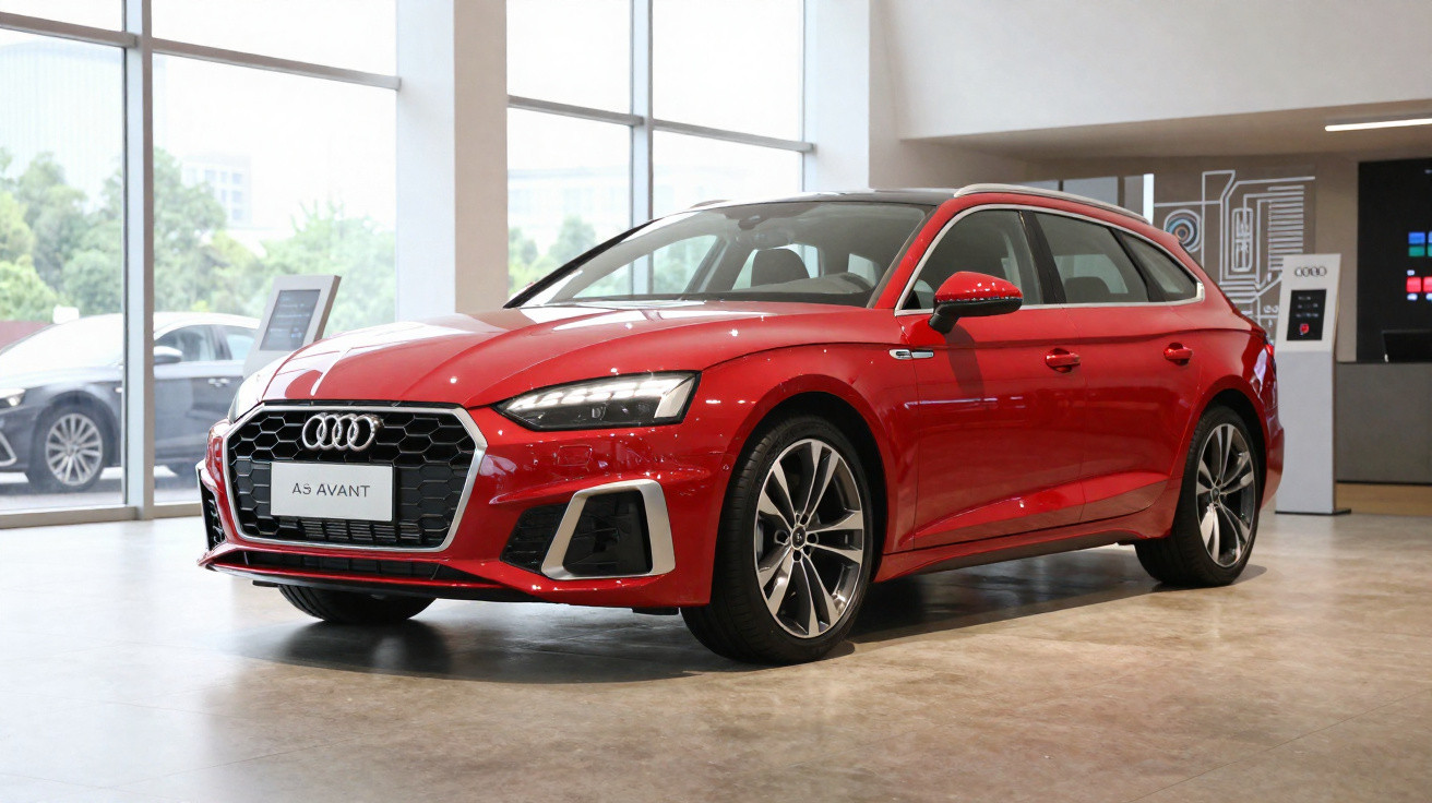 Audi A5 Avant vermelho estacionado em showroom com grandes janelas e piso de cimento polido.