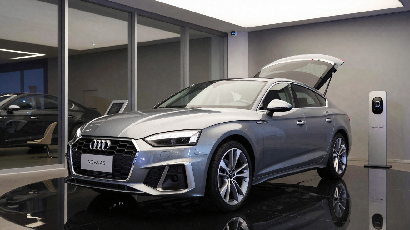Automóvel Audi A5 cinza estacionado em sala com porta da mala traseira aberta e posto de carregamento.