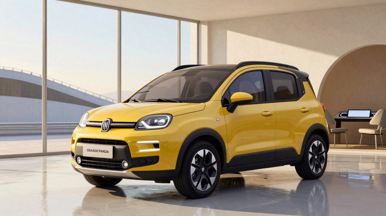 Carro amarelo Fiat Grande Panda estacionado em ambiente moderno com janelas panorâmicas.