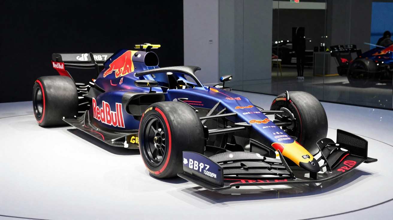 Carro de Fórmula 1 da Red Bull RB7 em exposição, com pintura azul, vermelha e amarela.