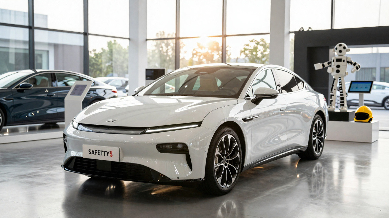 Carro elétrico branco moderno exposto em showroom com luz natural e robot ao fundo.