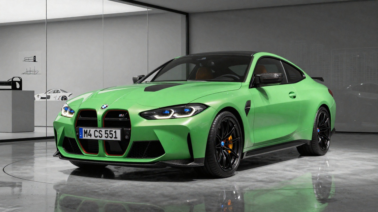 Automóvel BMW M4 CS verde com jantes pretas exposto em ambiente interior moderno e luminoso.