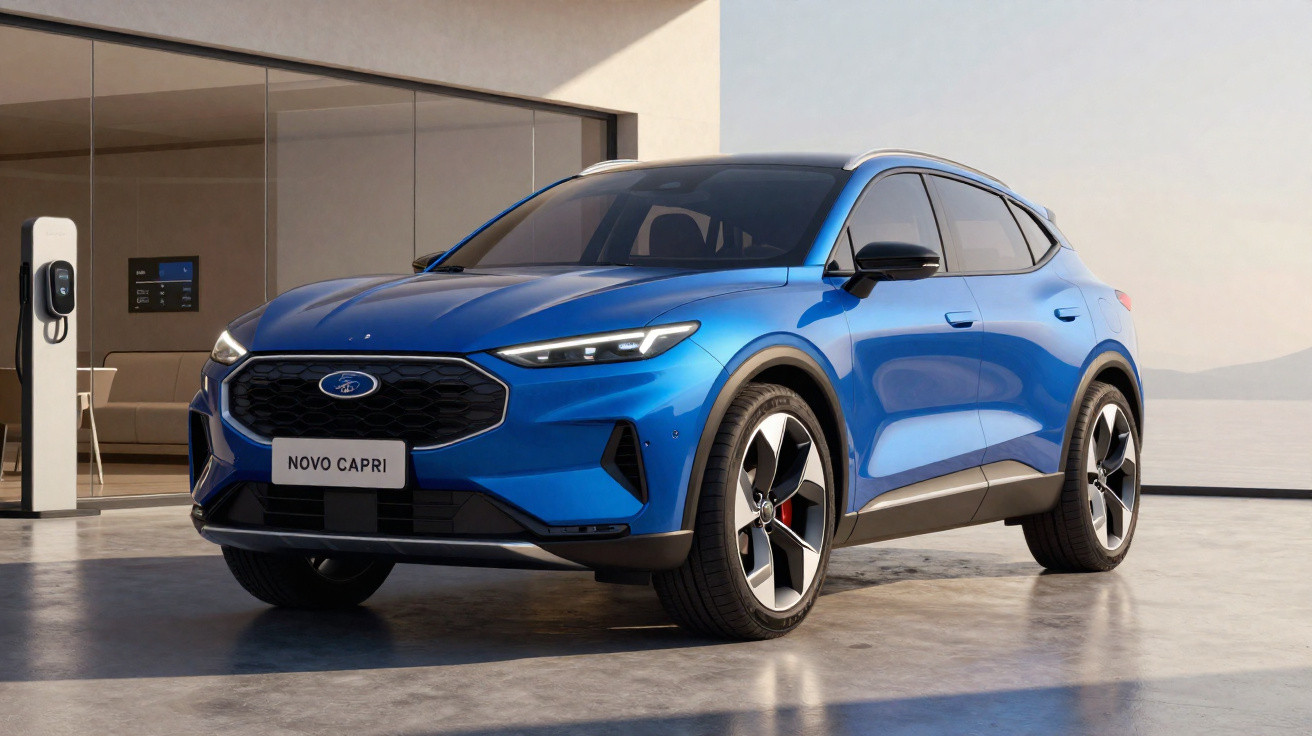 Carro elétrico azul Ford Novo Capri estacionado junto a posto de carregamento numa garagem moderna.