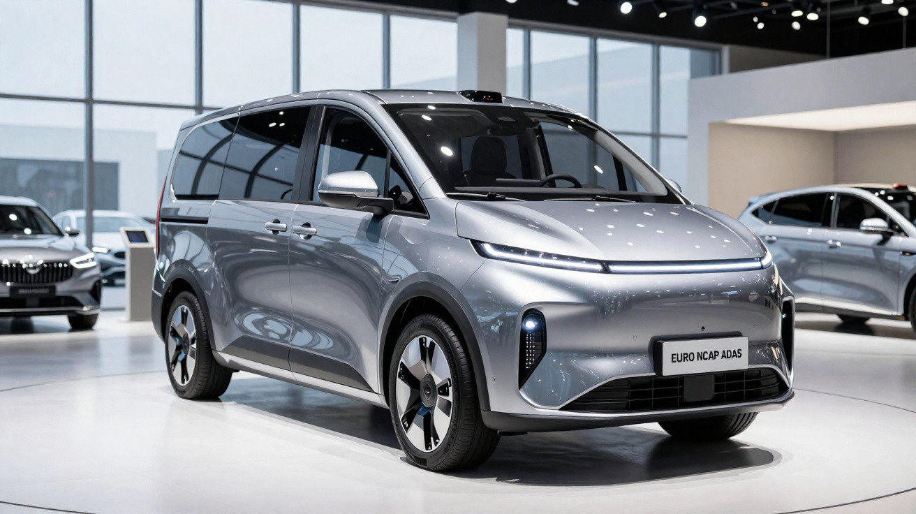 Veículo eléctrico prateado em exposição, interior moderno de stand automóvel com carros ao fundo.