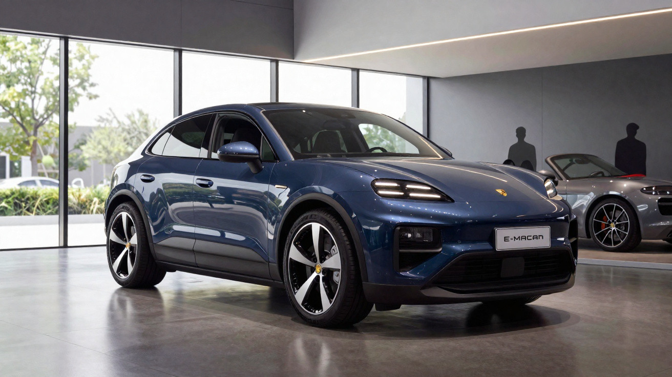 Carro elétrico Porsche E-Macan azul exposto numa sala com grande janela e piso cinza.